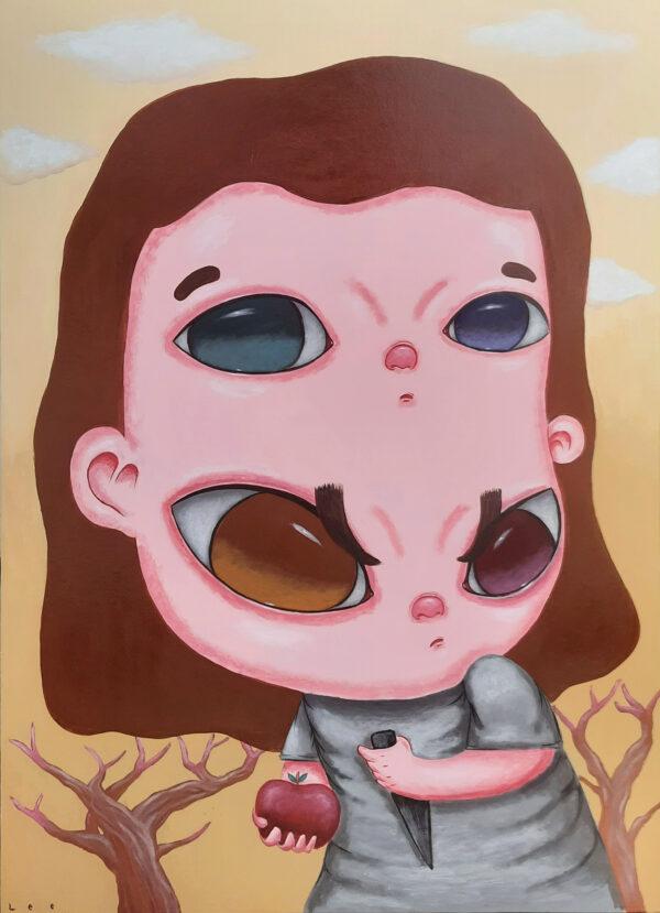 “One bite won’t hurt” Original Painting By Lee Salvador showing a cartoon looking girl with four eyes holding an apple and a knife