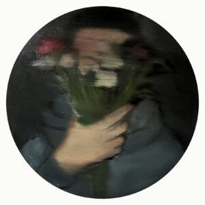 “Bouquet” Original Painting By Juliano Mazzuchini is a blurry image of a person holding a bouquet of flowers in front of their face