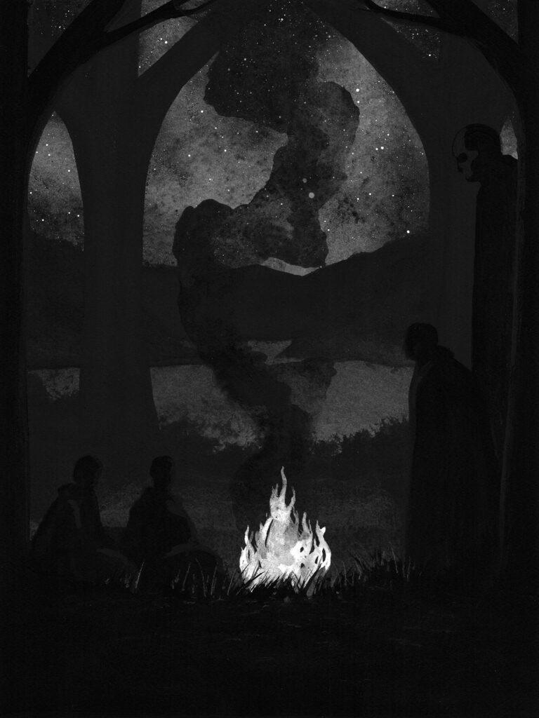 Campfire stories a painting by McMonster which is done in black and white and shows four shadowy figured gathered around a camp fire
